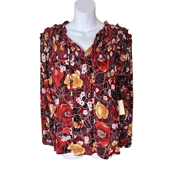 Floral Long Sleeve Blouse W Shirred Neckline & Tie Detail By Nurture Large NWT - Picture 1 of 12